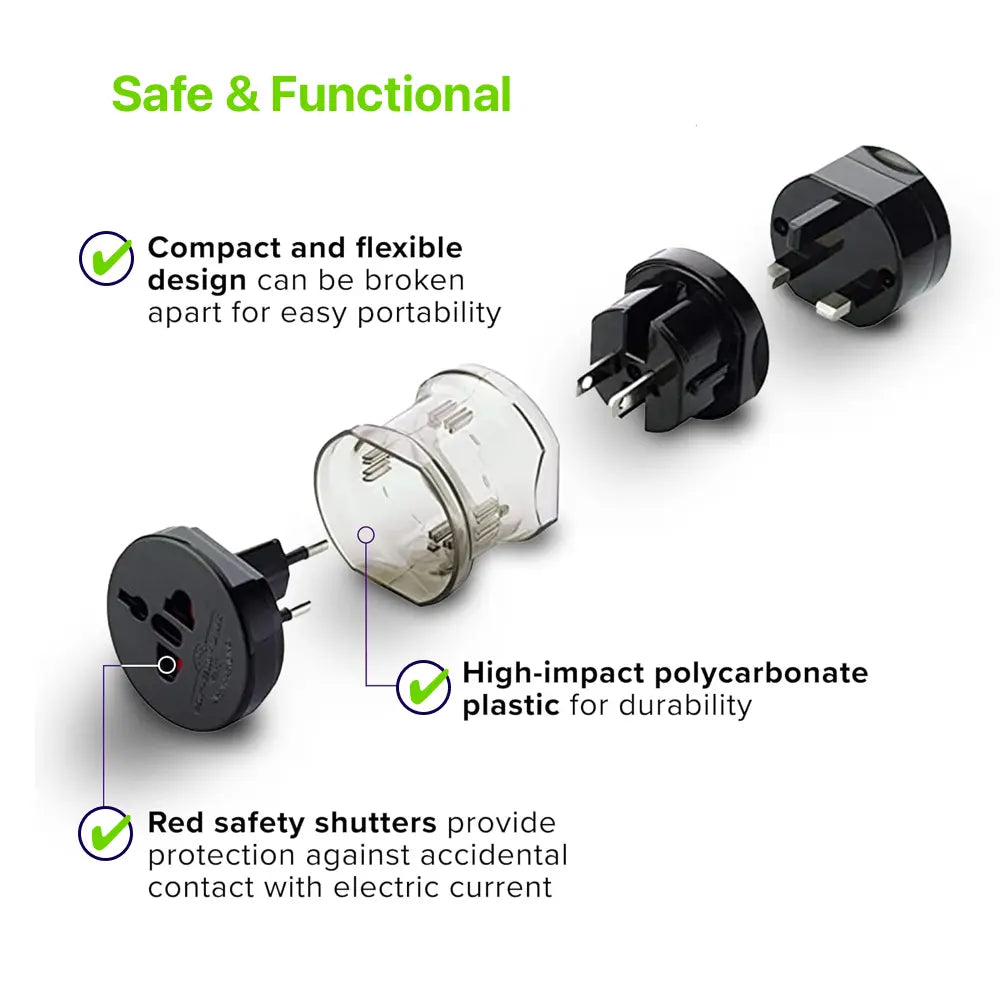     Compact Universal Travel Power Adapter - USA, EU, UK, AUS Worldwide Voltage Compatible