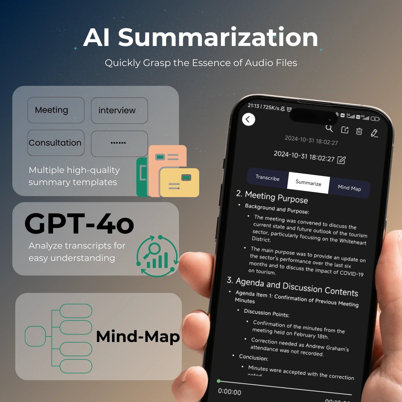 AI Voice Recorder with Transcription & Translation – 64GB Smart Dictaphone with AI Summaries & Mind Mapping