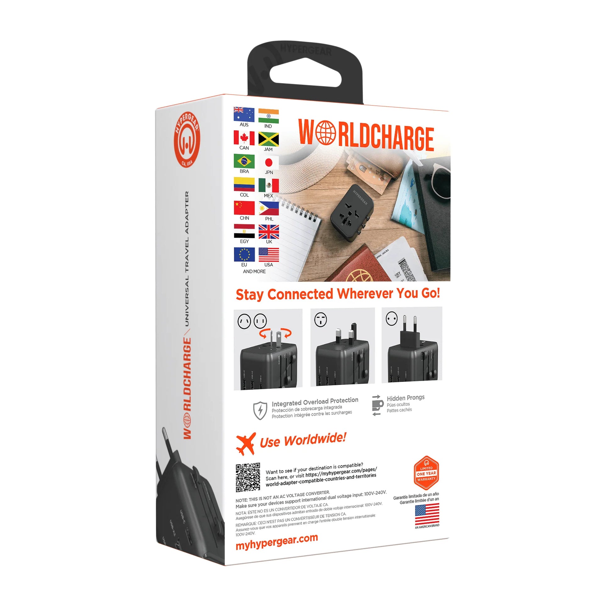 HyperGear WorldCharge Universal Travel Adapter – Worldwide Plug Adapter with USB-C Fast Charging