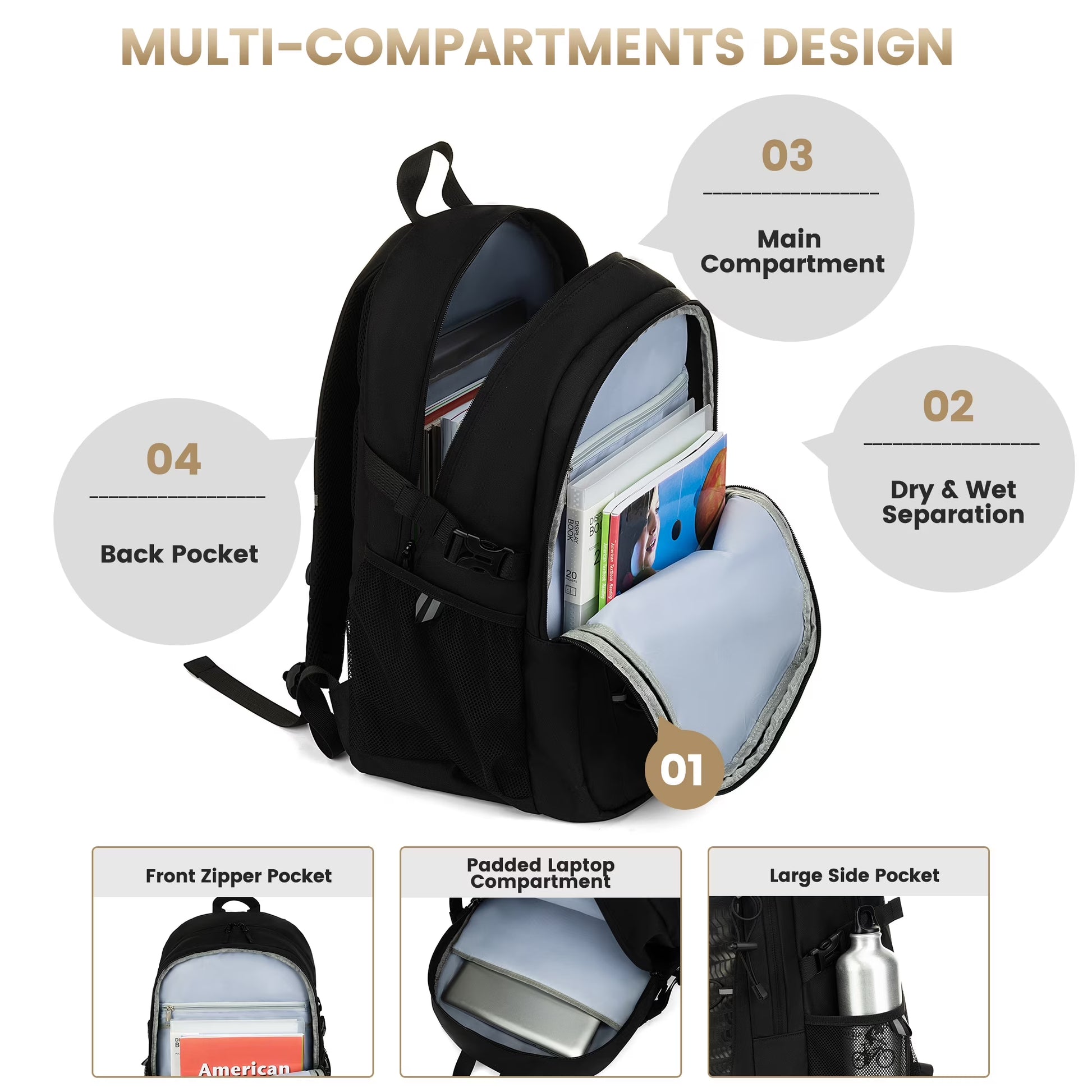Travel Backpack for Men and Women, Water Resistant College Bookbag, Lightweight School Carry on Back Pack, Black