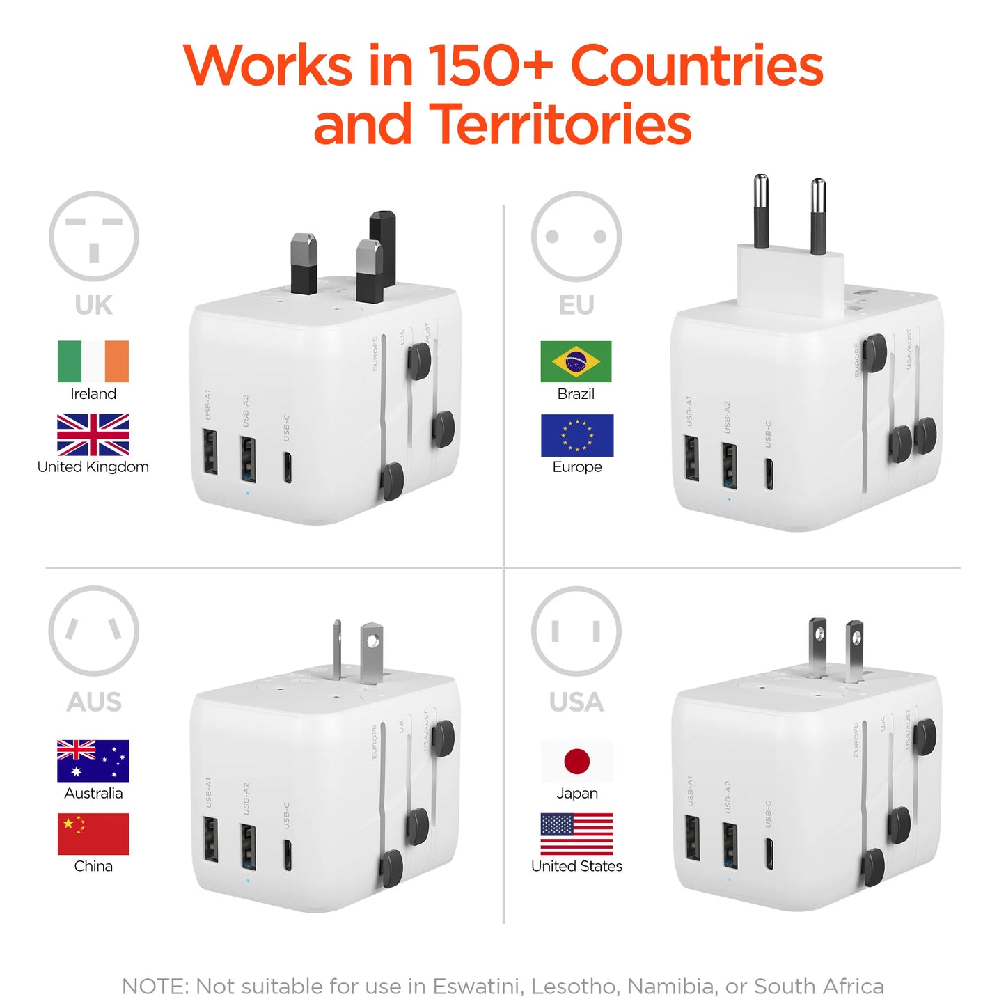 HyperGear WorldCharge Universal Travel Adapter – Worldwide Plug Adapter with USB-C Fast Charging