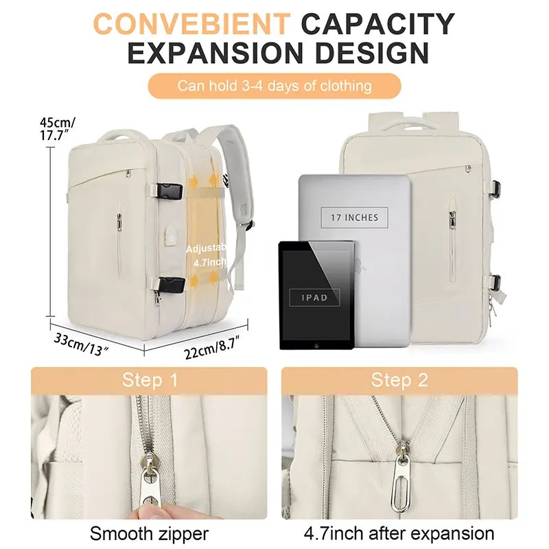 Expandable Travel Laptop Backpack for 17” Laptops – Waterproof Carry-On Business & Leisure Travel Backpack