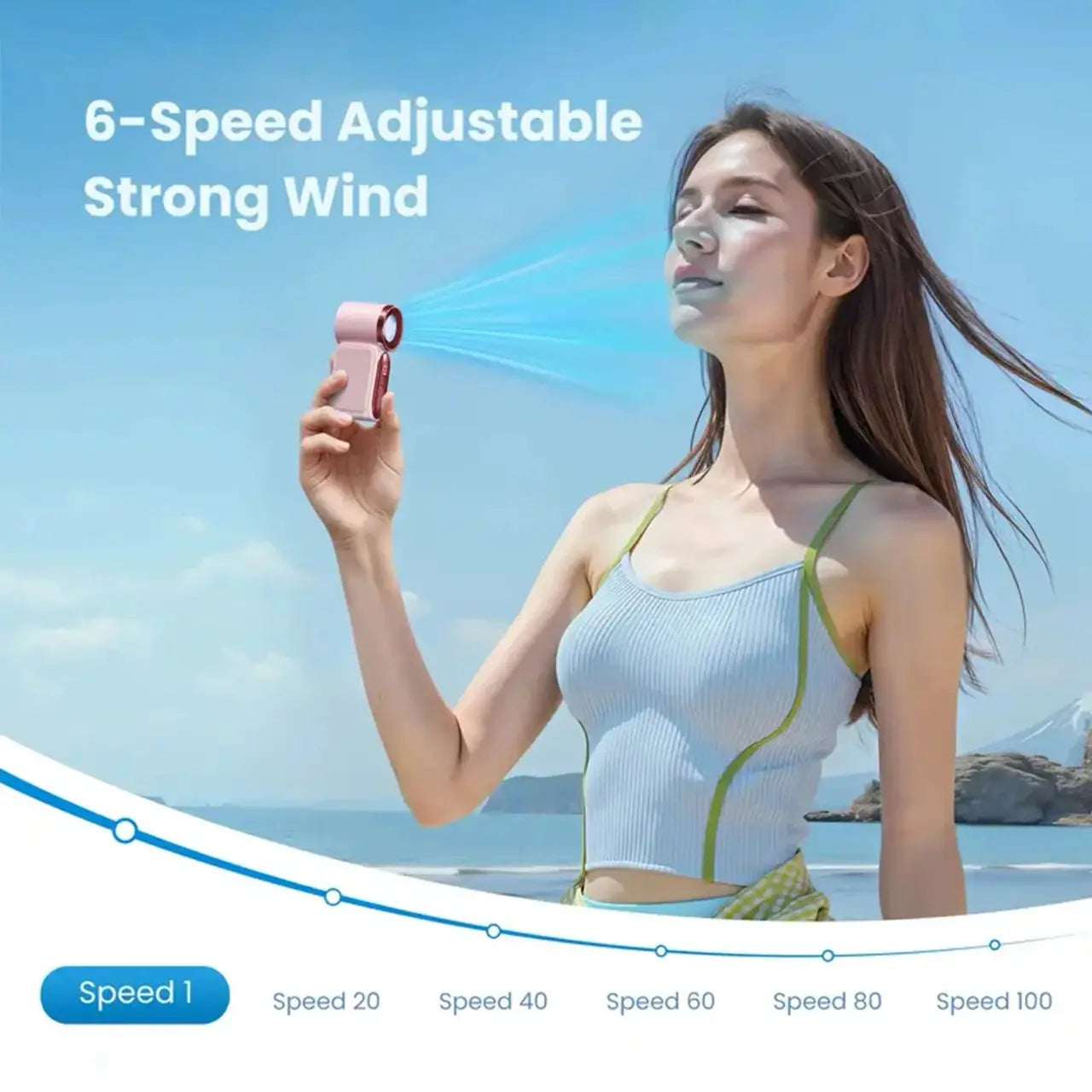 Turbo Travel Fan with LED Display – 6-Speed USB Rechargeable Pocket Cooling Fan