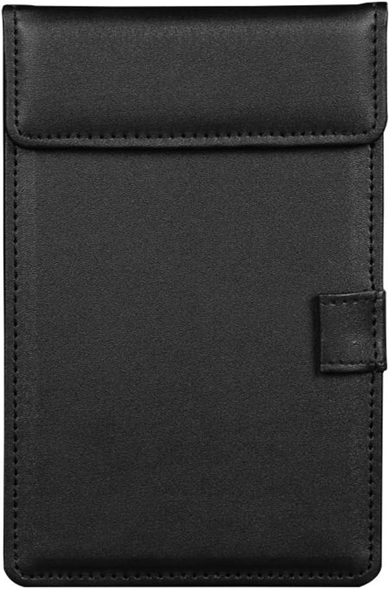 4.7" X 7.5" PU Leather Clipboard, A6 File Clip Document Organizer Writing Pad Office Business Card Holder, Magnetic Conference Pad with Pen Holder, Black