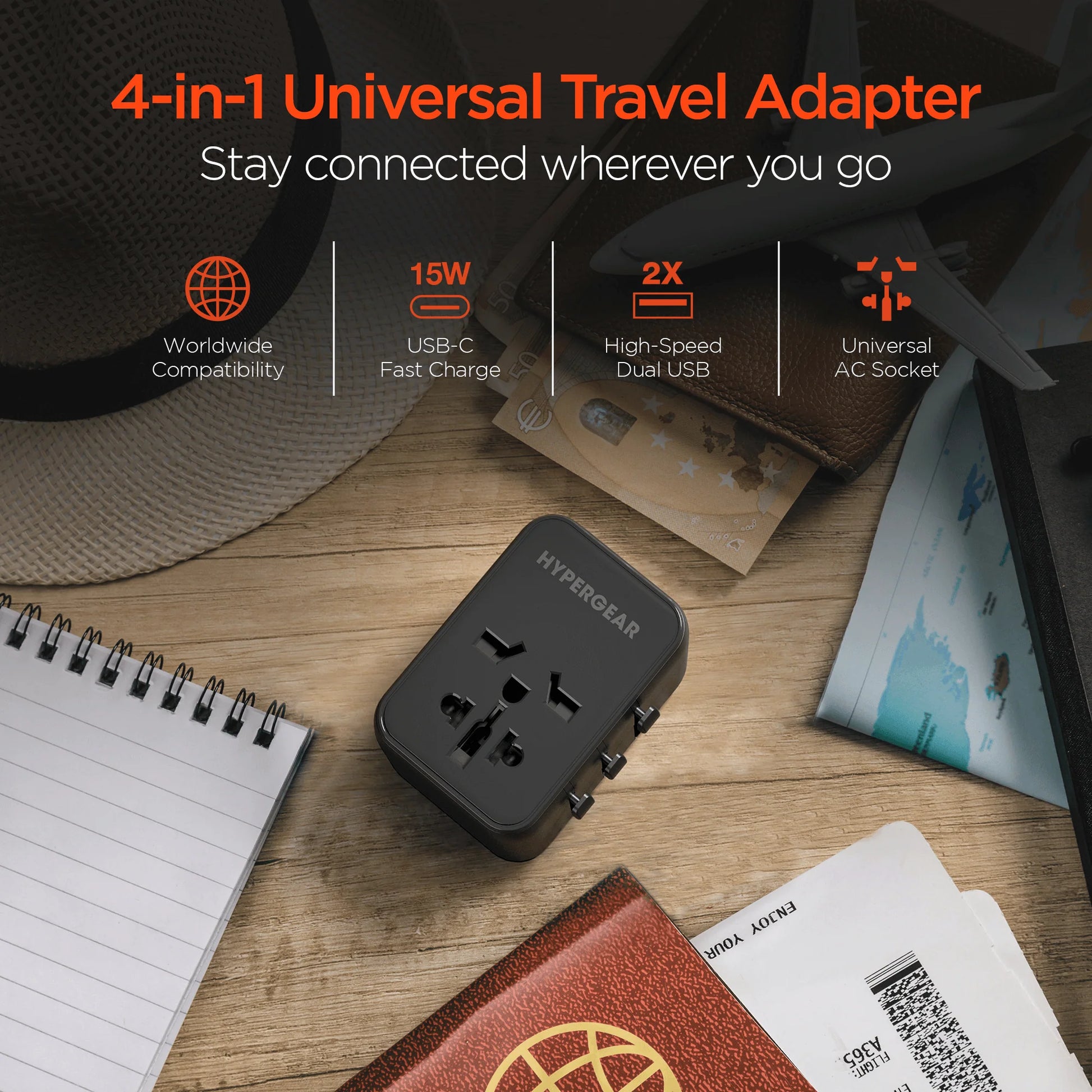 HyperGear WorldCharge Universal Travel Adapter – Worldwide Plug Adapter with USB-C Fast Charging