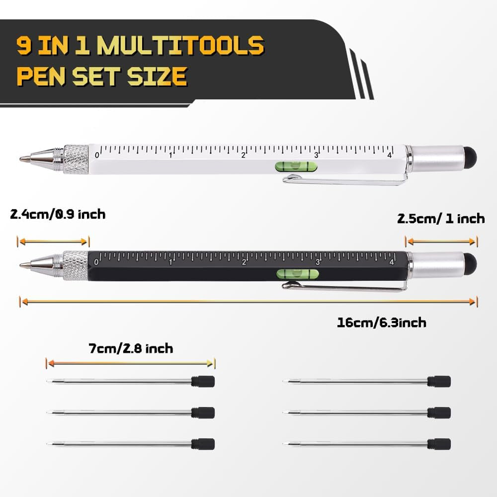 Stocking Stuffers for Men, 9 in 1 Metal Multitool Pen 2Pcs and Refill 6Pcs, Unique Tech Tool Pen from Wife Daughter to Father Boyfriend Husband on Christmas, Birthday, Valentine'S Day