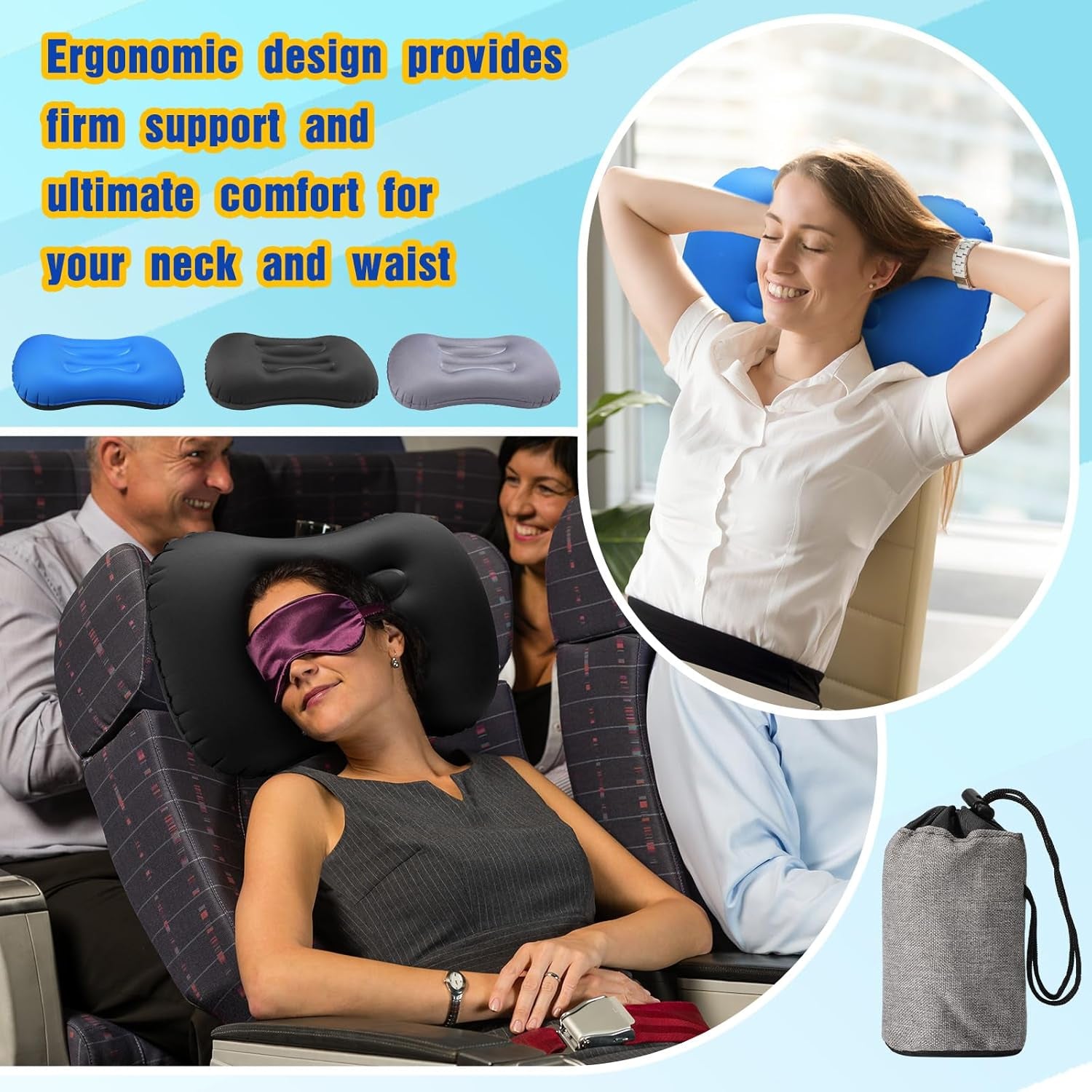 3 Pcs Inflatable Camping Travel Pillow Ultralight Inflating Pillows Lightweight Portable Backpacking Pillow for Neck Lumbar Support Camp Hiking Sleeping(Dark Gray, Black, Dark Blue)