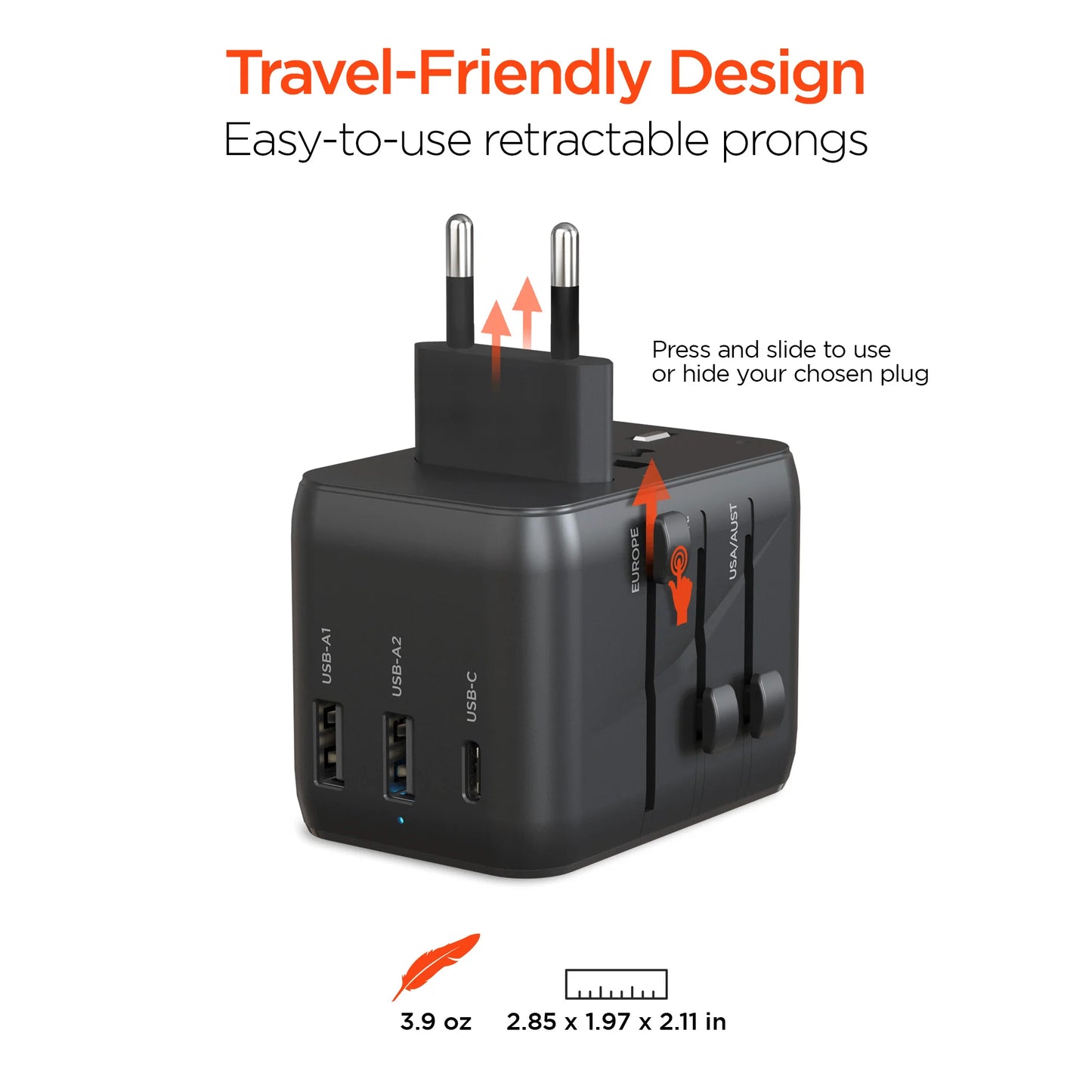 HyperGear WorldCharge Universal Travel Adapter – Worldwide Plug Adapter with USB-C Fast Charging