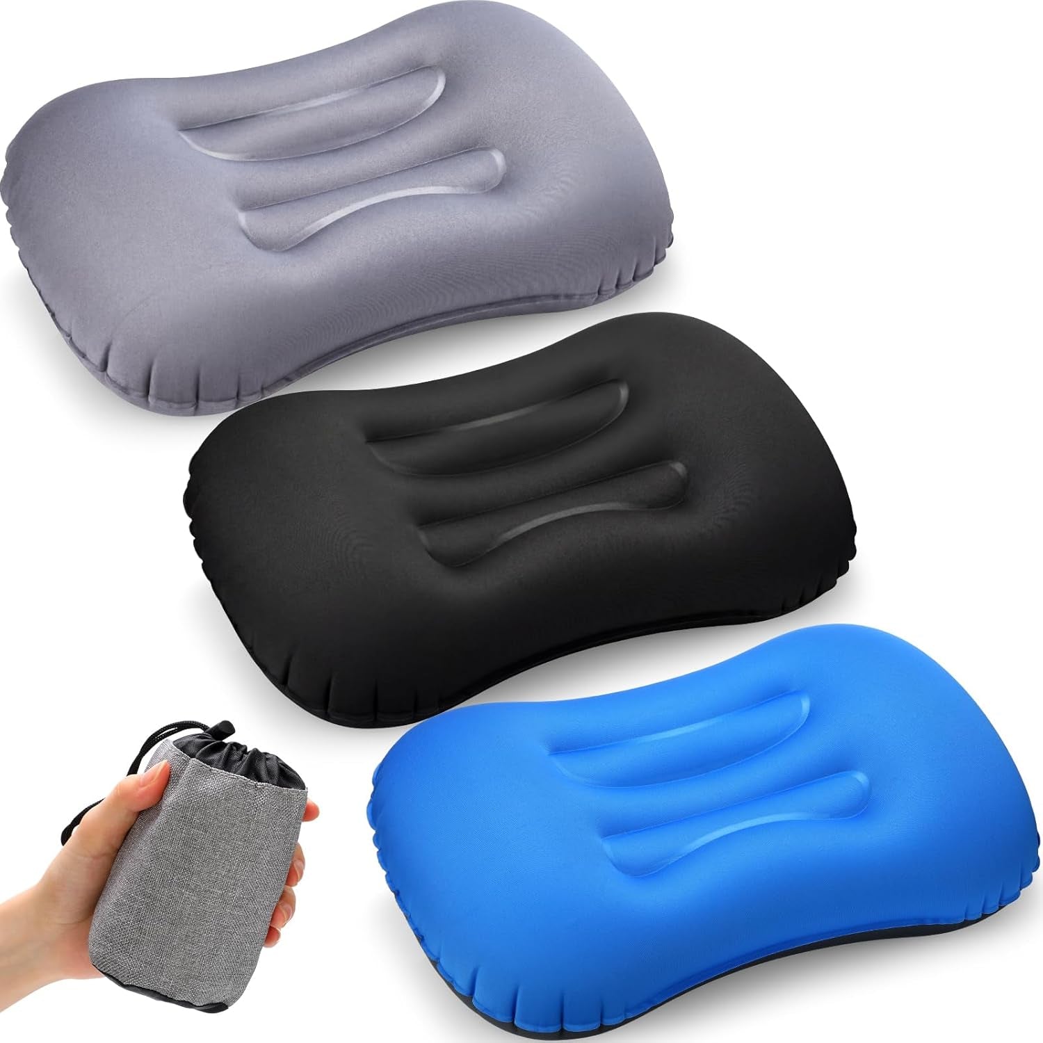 3 Pcs Inflatable Camping Travel Pillow Ultralight Inflating Pillows Lightweight Portable Backpacking Pillow for Neck Lumbar Support Camp Hiking Sleeping(Dark Gray, Black, Dark Blue)