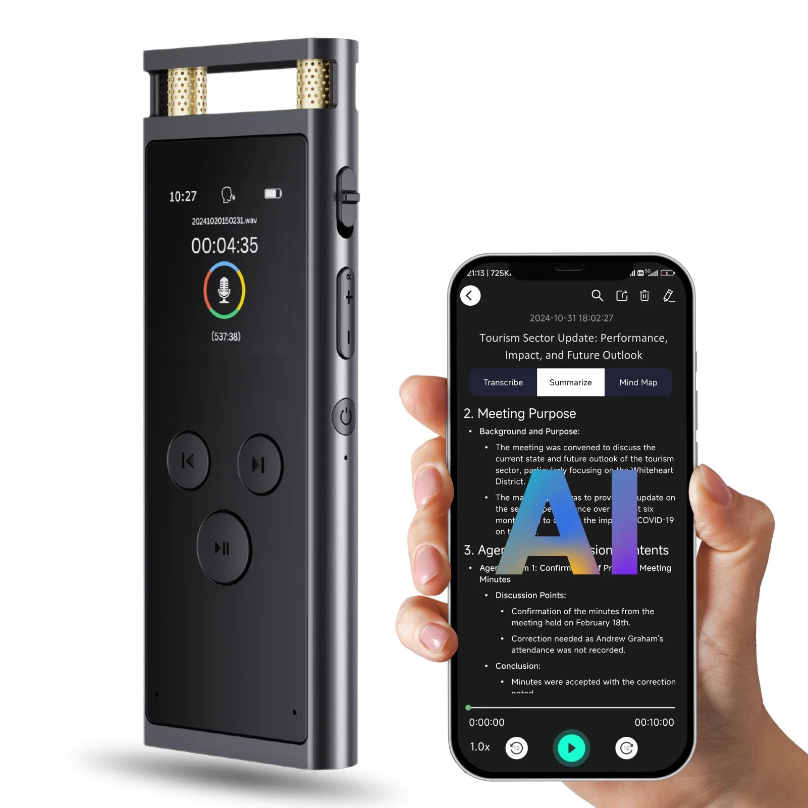 AI Voice Recorder with Transcription & Translation – 64GB Smart Dictaphone with AI Summaries & Mind Mapping