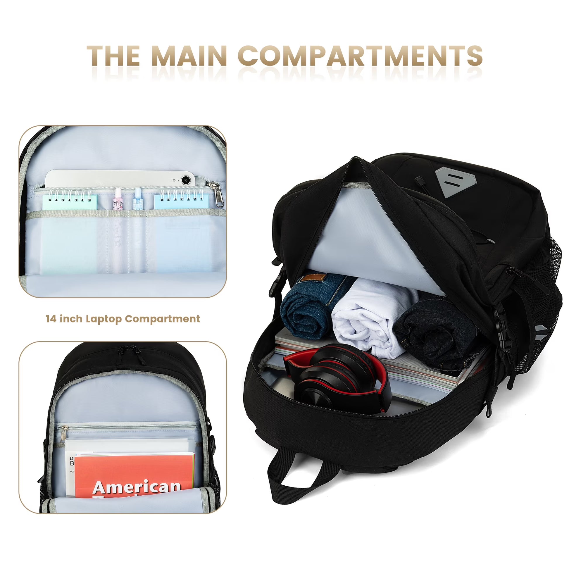 Travel Backpack for Men and Women, Water Resistant College Bookbag, Lightweight School Carry on Back Pack, Black