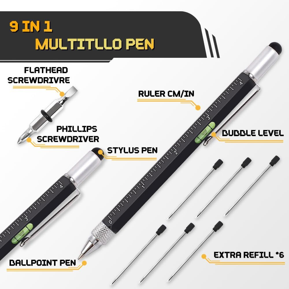 Stocking Stuffers for Men, 9 in 1 Metal Multitool Pen 2Pcs and Refill 6Pcs, Unique Tech Tool Pen from Wife Daughter to Father Boyfriend Husband on Christmas, Birthday, Valentine'S Day
