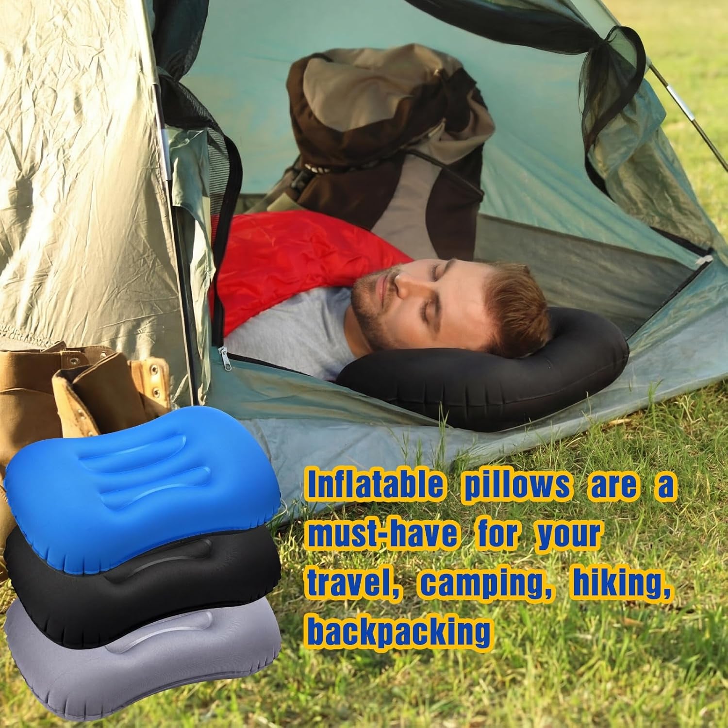 3 Pcs Inflatable Camping Travel Pillow Ultralight Inflating Pillows Lightweight Portable Backpacking Pillow for Neck Lumbar Support Camp Hiking Sleeping(Dark Gray, Black, Dark Blue)