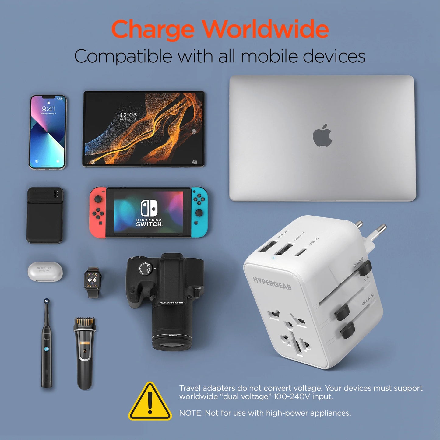 HyperGear WorldCharge Universal Travel Adapter – Worldwide Plug Adapter with USB-C Fast Charging