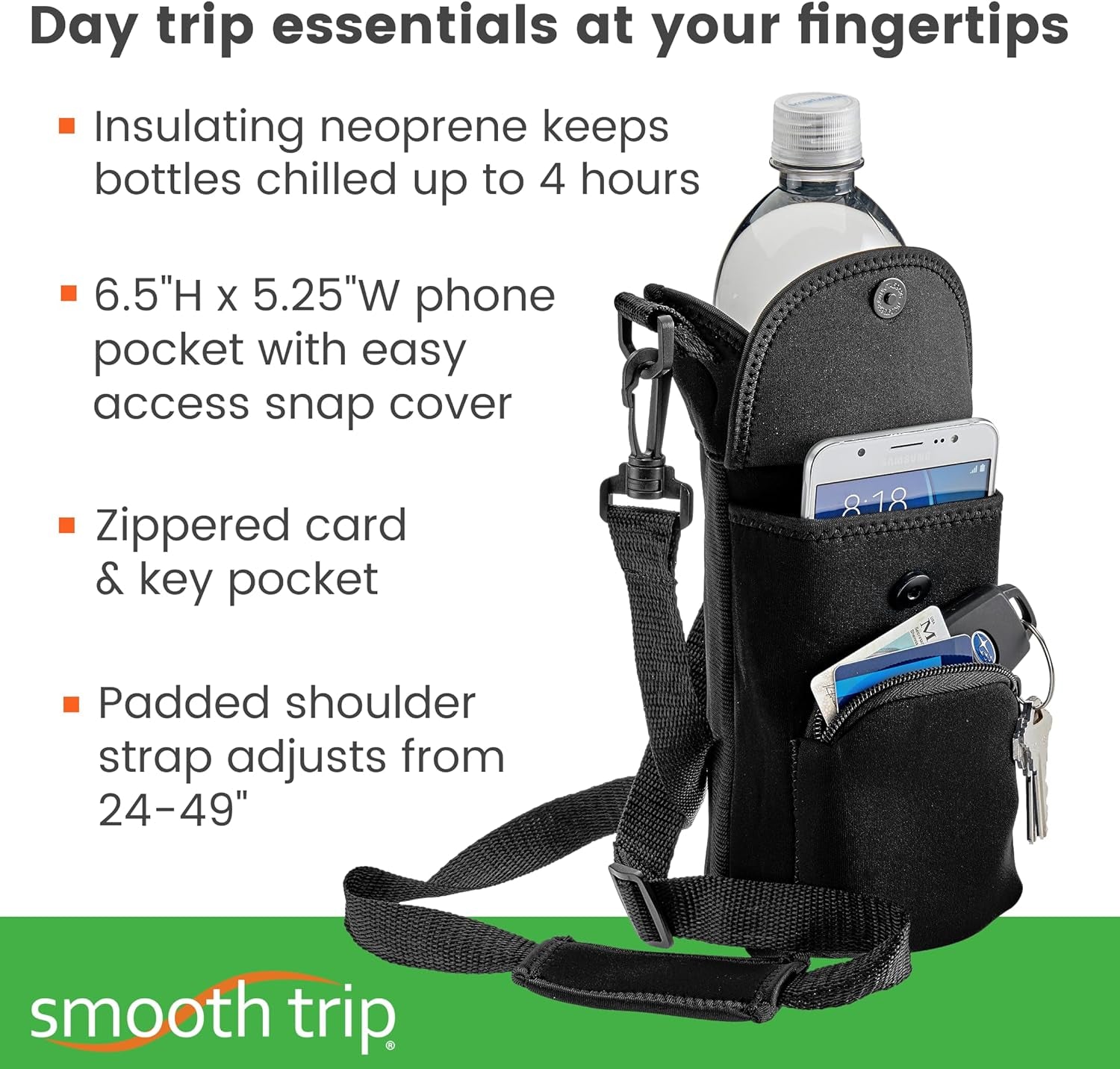Neoprene Water Bottle Sleeve with Phone Pouch - Insulated Water Bottle Holder with Storage Pockets and Padded Strap for Walking and Hiking - Fits up to 32 Oz. Bottles