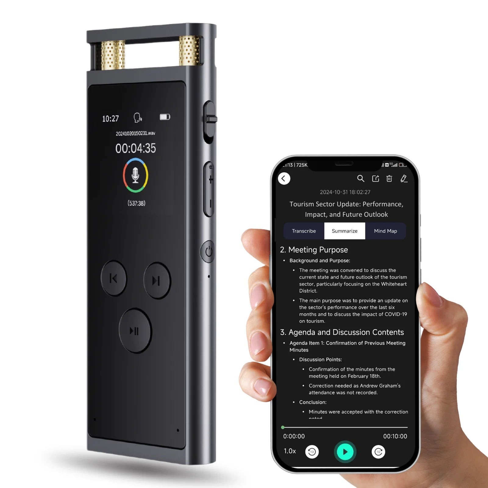 AI Voice Recorder with Transcription & Translation – 64GB Smart Dictaphone with AI Summaries & Mind Mapping