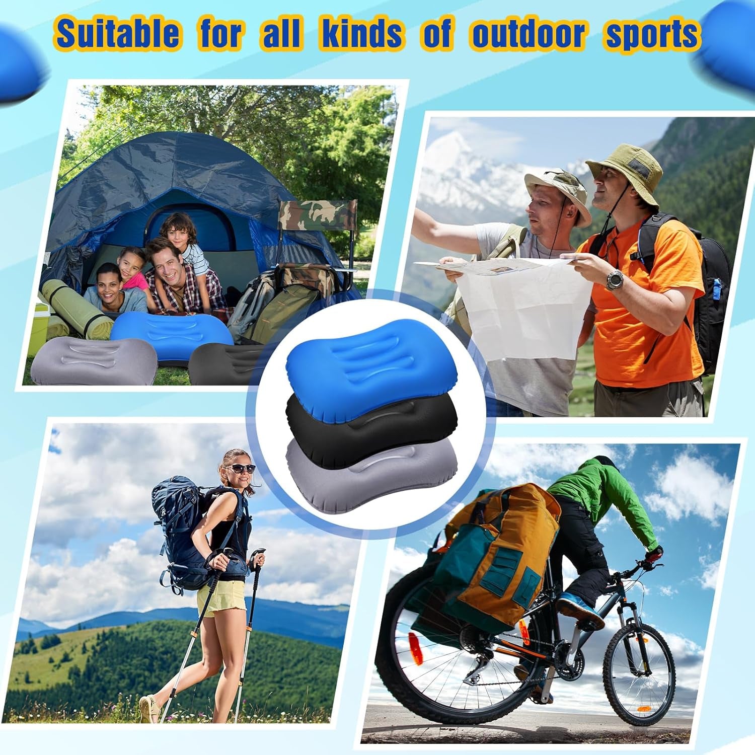 3 Pcs Inflatable Camping Travel Pillow Ultralight Inflating Pillows Lightweight Portable Backpacking Pillow for Neck Lumbar Support Camp Hiking Sleeping(Dark Gray, Black, Dark Blue)