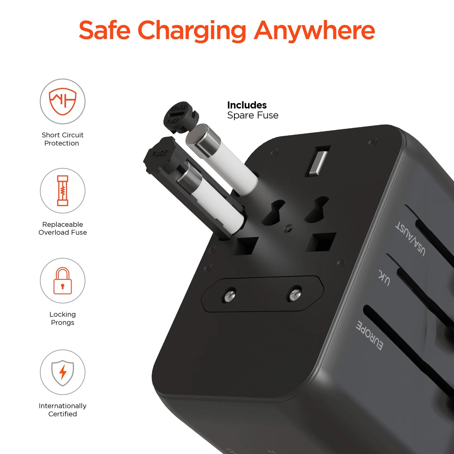HyperGear WorldCharge Universal Travel Adapter – Worldwide Plug Adapter with USB-C Fast Charging