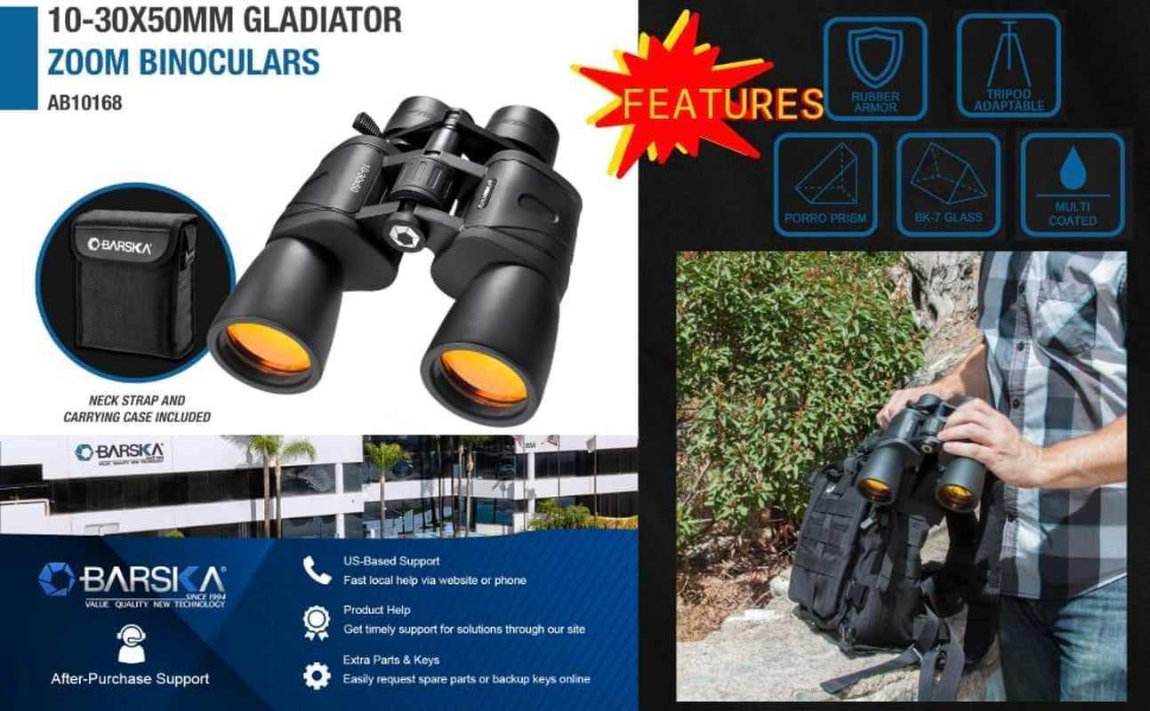 Gladiator 10-30X50 Zoom Binoculars with Tripod Adaptor for Stargazing, Birding, Hiking, Sports, Travelling, Camping