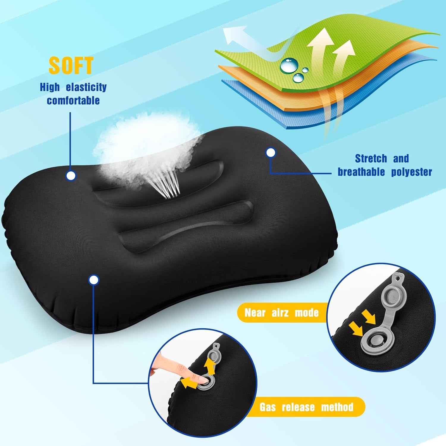 3 Pcs Inflatable Camping Travel Pillow Ultralight Inflating Pillows Lightweight Portable Backpacking Pillow for Neck Lumbar Support Camp Hiking Sleeping(Dark Gray, Black, Dark Blue)