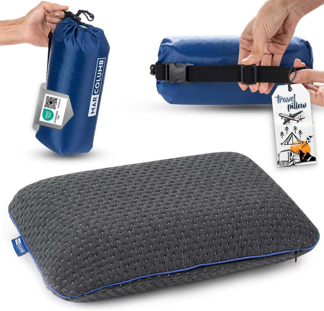 Travel & Camping Comfortable Memory Foam Pillow – Easy to Carry Portable Bag – Temperature Regulating Pillow Case - Perfect for Travelling (Grey)