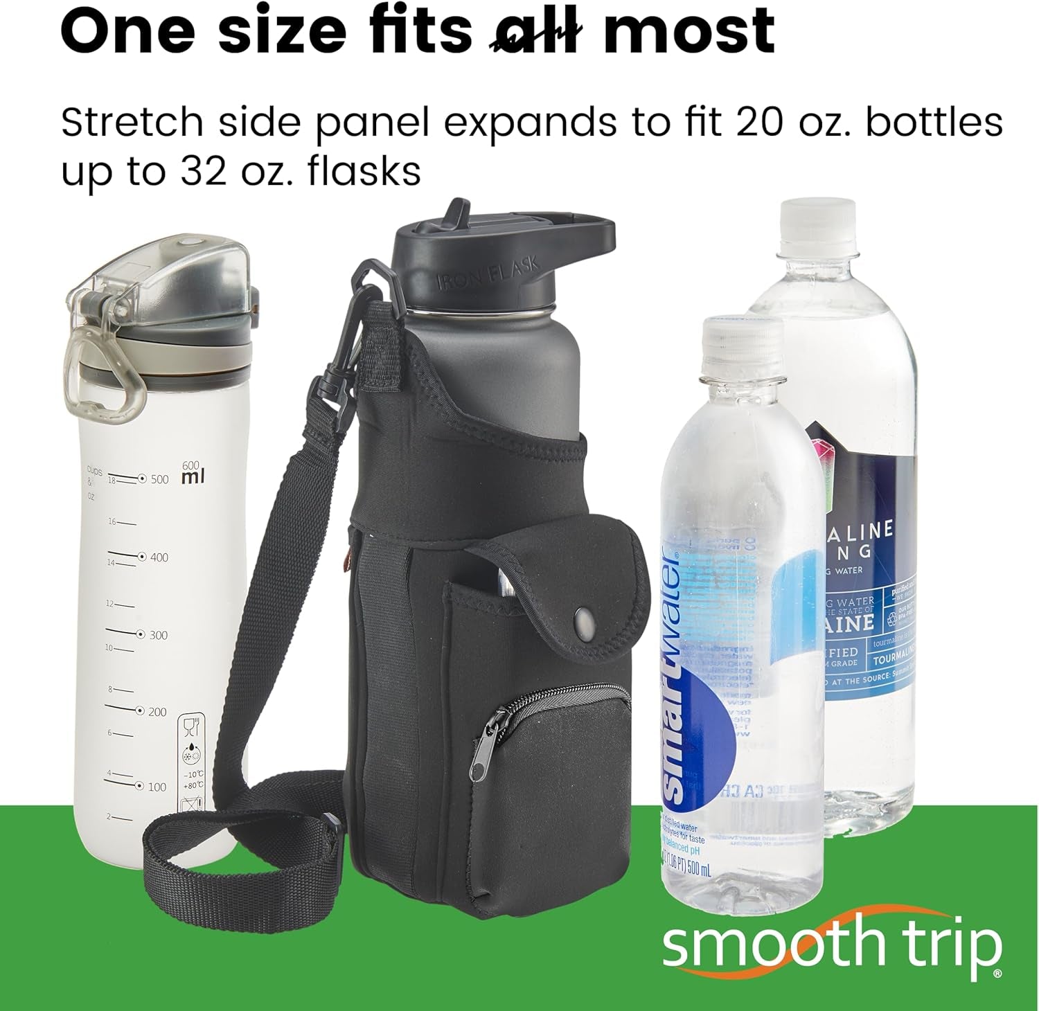 Neoprene Water Bottle Sleeve with Phone Pouch - Insulated Water Bottle Holder with Storage Pockets and Padded Strap for Walking and Hiking - Fits up to 32 Oz. Bottles