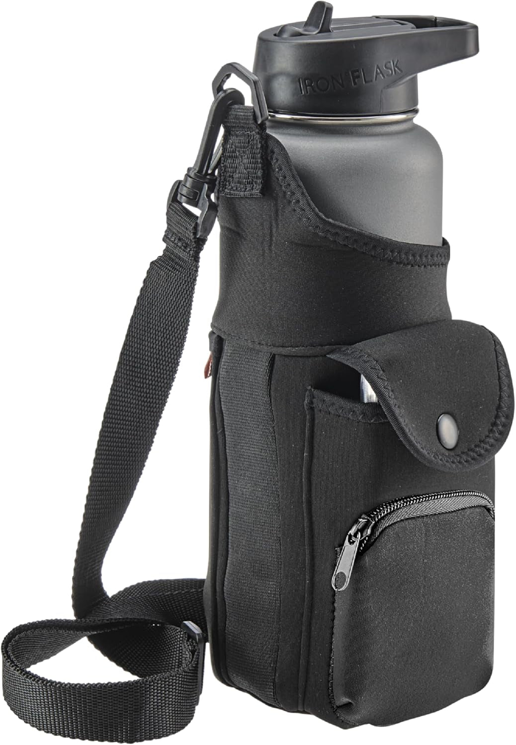 Neoprene Water Bottle Sleeve with Phone Pouch - Insulated Water Bottle Holder with Storage Pockets and Padded Strap for Walking and Hiking - Fits up to 32 Oz. Bottles