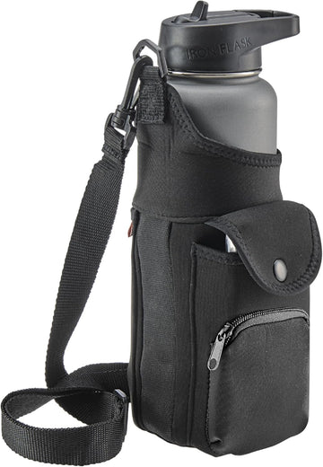 Neoprene Water Bottle Sleeve with Phone Pouch - Insulated Water Bottle Holder with Storage Pockets and Padded Strap for Walking and Hiking - Fits up to 32 Oz. Bottles