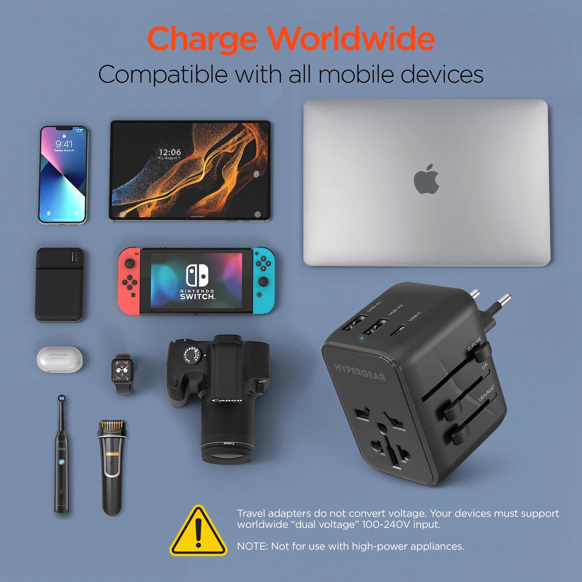 HyperGear WorldCharge Universal Travel Adapter – Worldwide Plug Adapter with USB-C Fast Charging