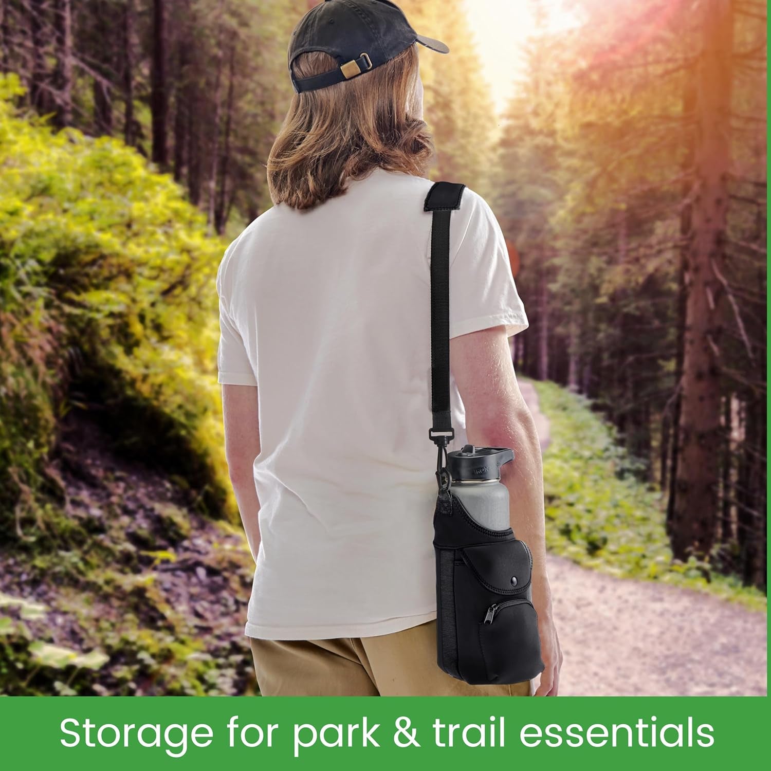 Neoprene Water Bottle Sleeve with Phone Pouch - Insulated Water Bottle Holder with Storage Pockets and Padded Strap for Walking and Hiking - Fits up to 32 Oz. Bottles