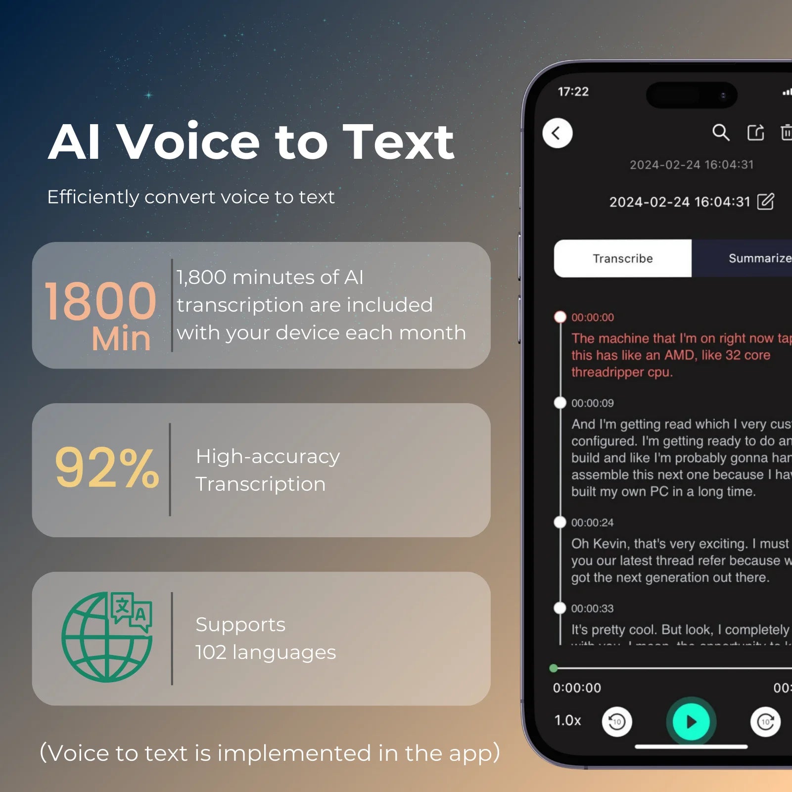 AI Voice Recorder with Transcription & Translation – 64GB Smart Dictaphone with AI Summaries & Mind Mapping