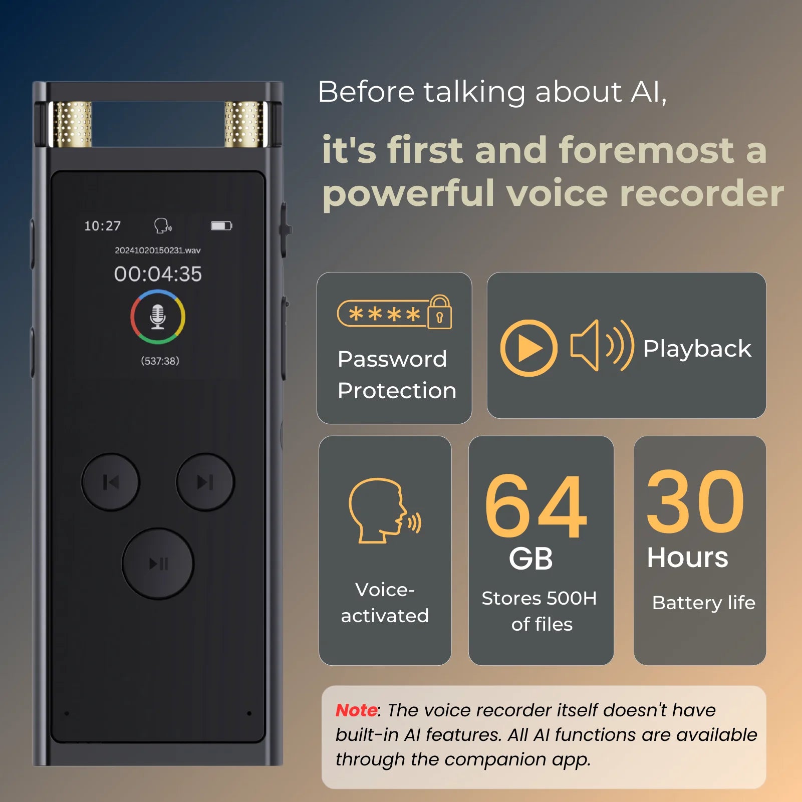 AI Voice Recorder with Transcription & Translation – 64GB Smart Dictaphone with AI Summaries & Mind Mapping