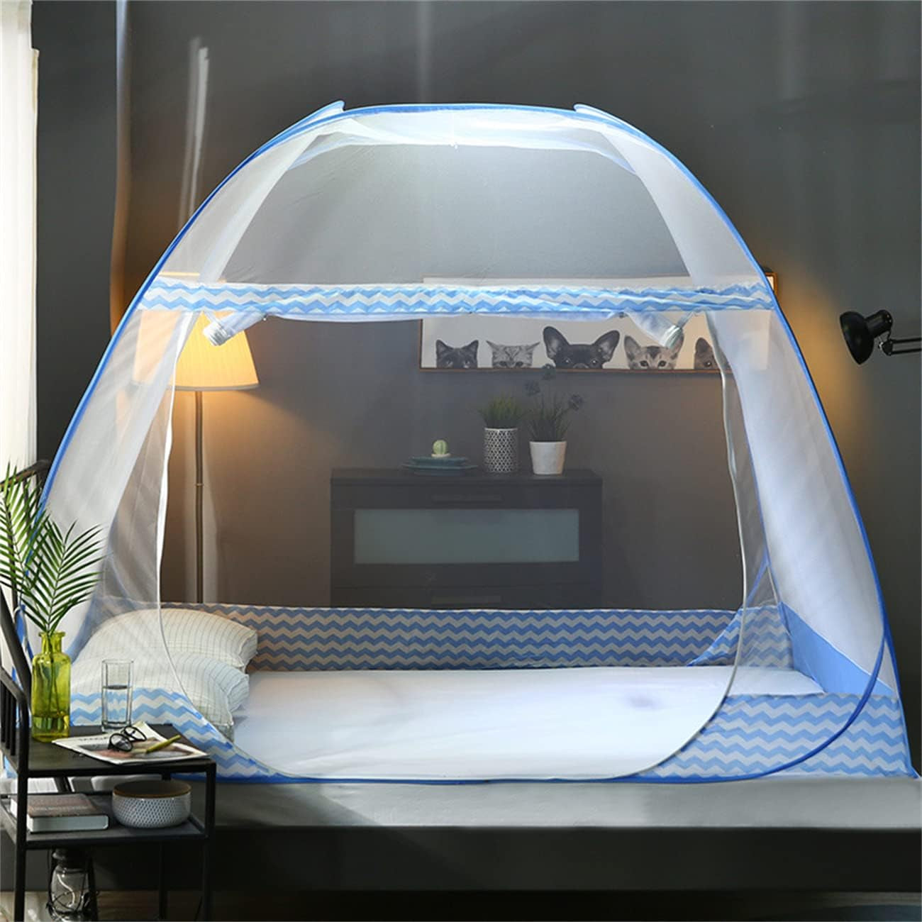 Folding Mosquito Net Tent Canopy Curtains for Beds Home Bedroom Decor (Blue, 1.5X2.0M)