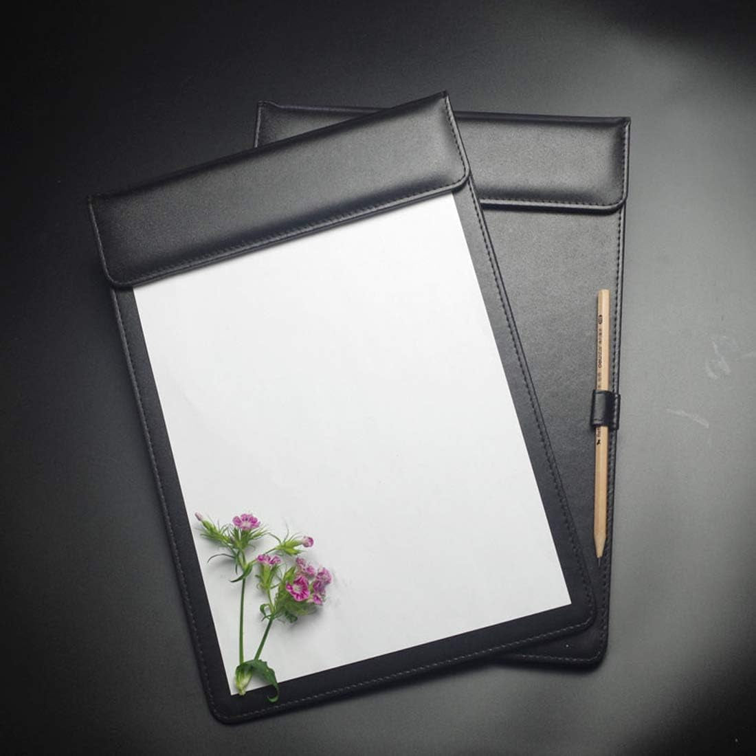 4.7" X 7.5" PU Leather Clipboard, A6 File Clip Document Organizer Writing Pad Office Business Card Holder, Magnetic Conference Pad with Pen Holder, Black