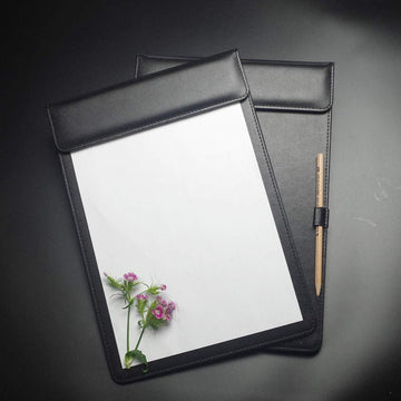 4.7" X 7.5" PU Leather Clipboard, A6 File Clip Document Organizer Writing Pad Office Business Card Holder, Magnetic Conference Pad with Pen Holder, Black