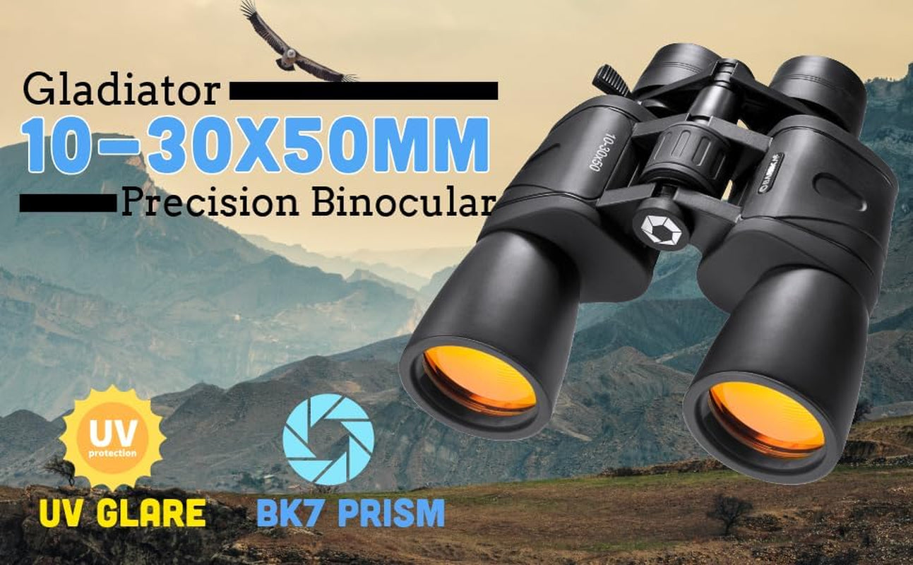 Gladiator 10-30X50 Zoom Binoculars with Tripod Adaptor for Stargazing, Birding, Hiking, Sports, Travelling, Camping