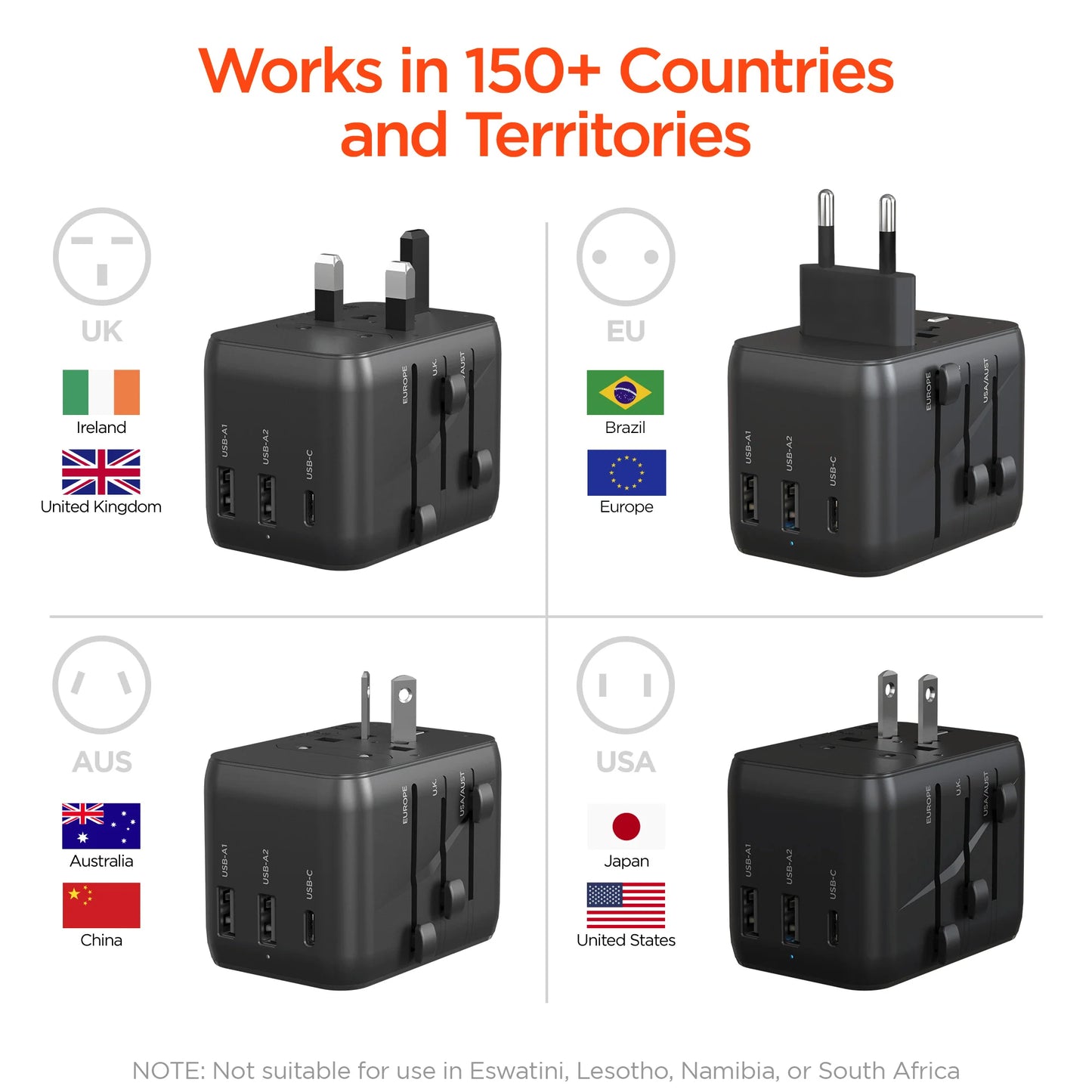 HyperGear WorldCharge Universal Travel Adapter – Worldwide Plug Adapter with USB-C Fast Charging