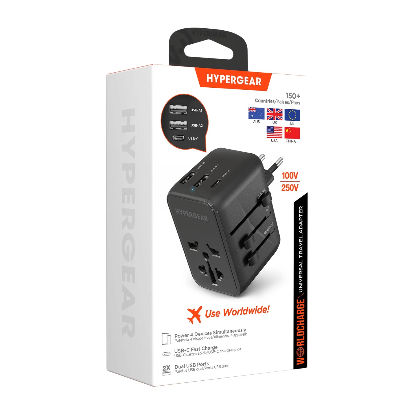 HyperGear WorldCharge Universal Travel Adapter – Worldwide Plug Adapter with USB-C Fast Charging