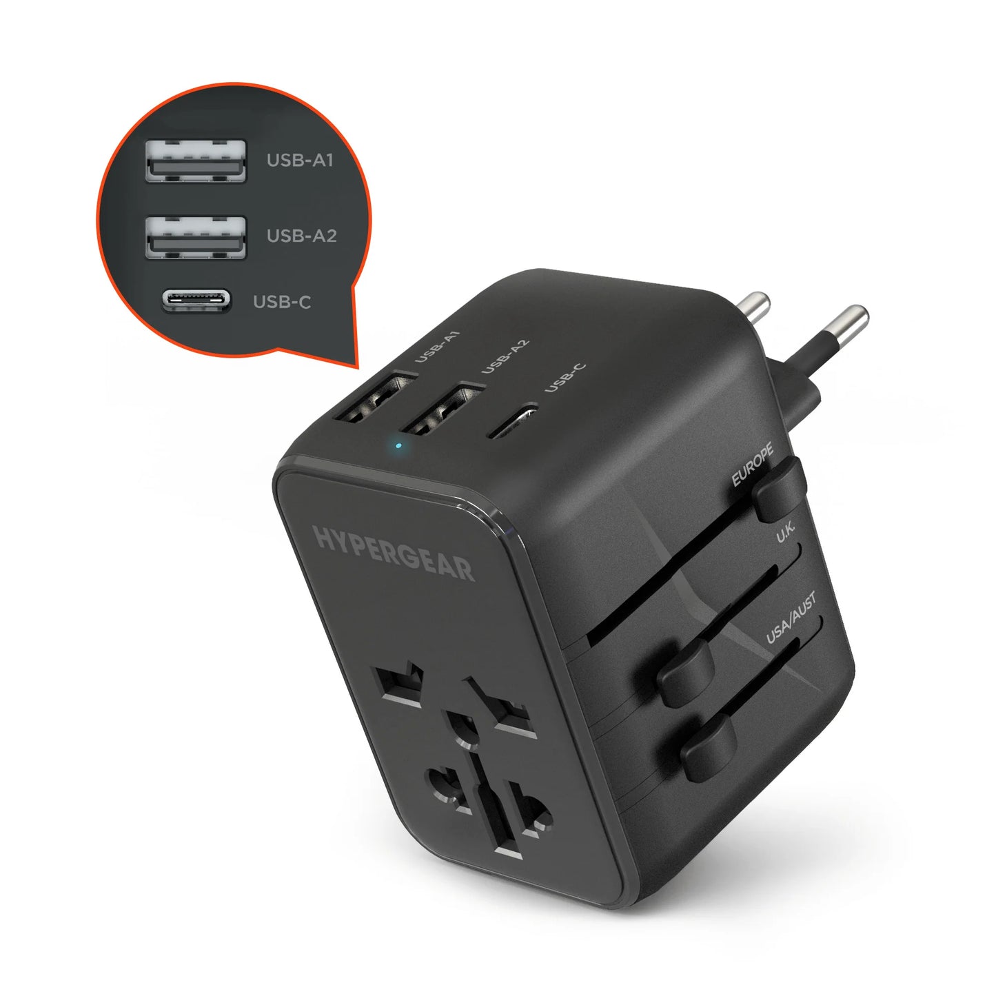 HyperGear WorldCharge Universal Travel Adapter – Worldwide Plug Adapter with USB-C Fast Charging