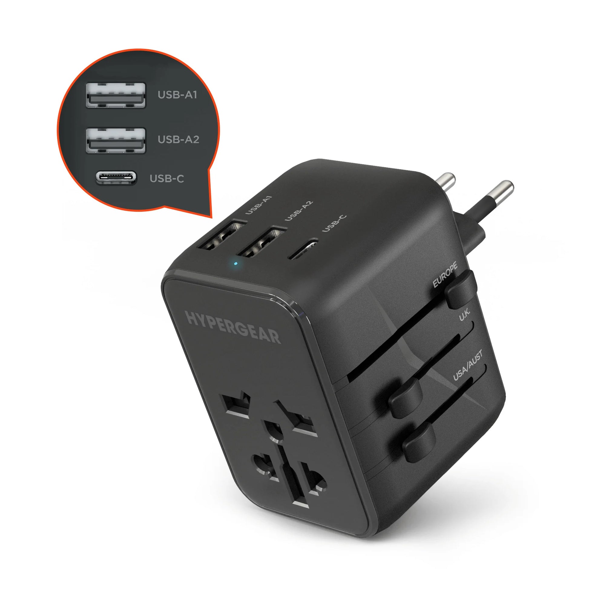 HyperGear WorldCharge Universal Travel Adapter – Worldwide Plug Adapter with USB-C Fast Charging