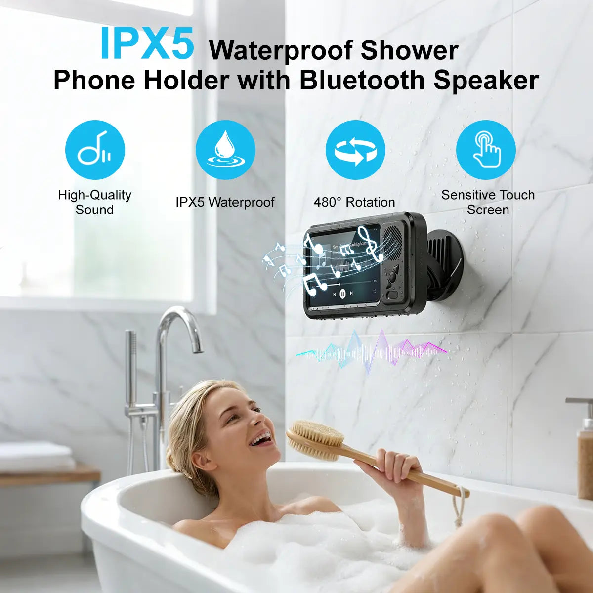Travel Shower Phone Holder with Bluetooth Speaker – Waterproof 360° Rotating Mount for Hotels, Cruises & Vacations
