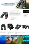 Gladiator 10-30X50 Zoom Binoculars with Tripod Adaptor for Stargazing, Birding, Hiking, Sports, Travelling, Camping