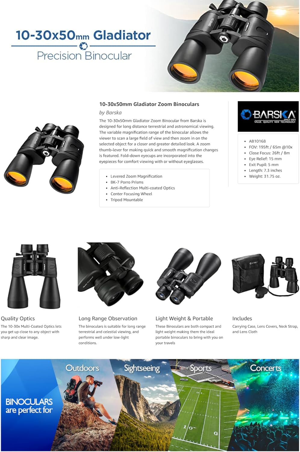 Gladiator 10-30X50 Zoom Binoculars with Tripod Adaptor for Stargazing, Birding, Hiking, Sports, Travelling, Camping